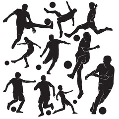 Illustration vector graphics of a set footbal players Silhouette in various dynamic poses perfect for background, stickers, Clipart, decorations, sports themed,  logo, mascot, etc