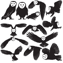 Illustration vector graphics of a set owl silhouette in various dynamic poses perfect for background, stickers, Clipart, decorations, animals themed, logo, icon ,etc