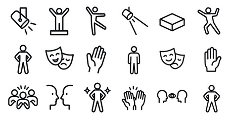 Obraz premium Performance and theatre line icons set – drama, acting, entertainment graphics