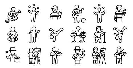 Music and performance outline icons set – silhouette, musical, entertainment symbols