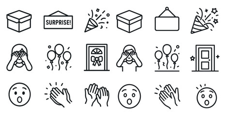 Surprise celebration outline icons set – linear, festive, party symbols