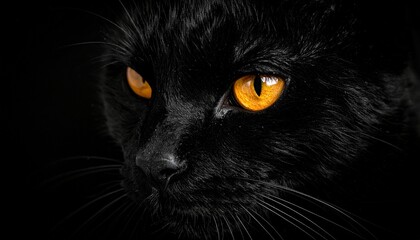 Close-up of a black cat with bright orange eyes, gazing intently.