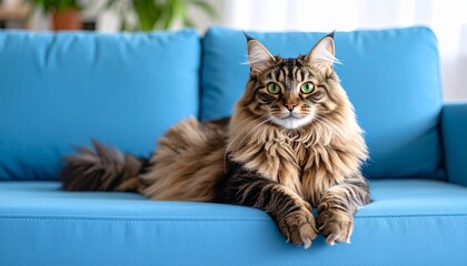 Fluffy Maine Coon cat resting comfortably on a vibrant blue sofa in a cozy living room.