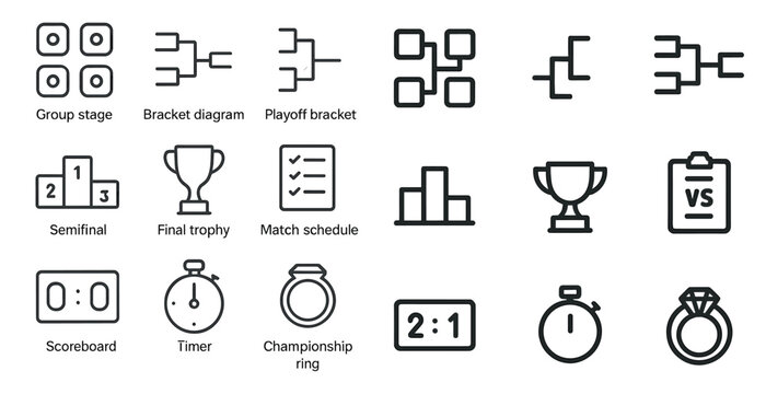 Sports tournament outline icons set – brackets, scoreboard, competition symbols