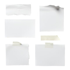 Set of Blank White Ripped Paper Notes with Sticky Tape Isolated