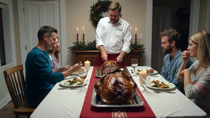Chef carving christmas turkey for family dinner