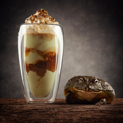 Cup of avocado latte with a bullfrog