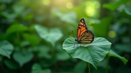 Fototapeta premium An orange Monarch butterfly perches on a large, heart-shaped green leaf in a sunlit garden.