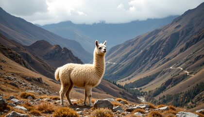 a llama stands in the foreground of a mountain landscape with a clear sky above.