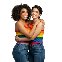 Photo of Two Women Embracing with LGBTQ+ Pride Rainbow Apparel on Transparent Background