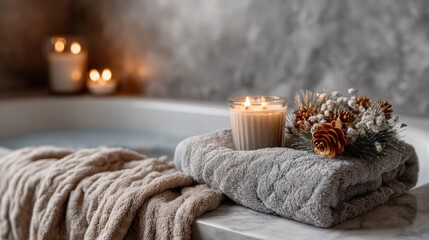 A bathtub with a towel and a candle on top of it