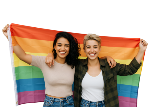 Photo of Two Women Holding Rainbow Lgbtq Pride Flag