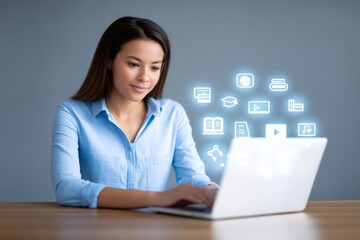 Young Woman Using Laptop with Digital Icons of Learning Tools