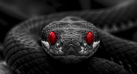 Fototapeta premium Close-up of a black snake with striking red eyes, conveying a sense of danger and intensity