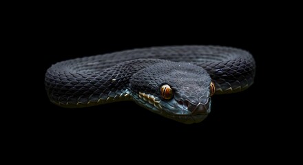 Stunning close-up of a venomous black pit viper with hypnotic eyes, isolated on a solid black background.