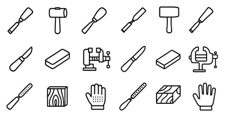 Woodworking tools line icons set – outline, chisel, carpentry and crafting symbols
