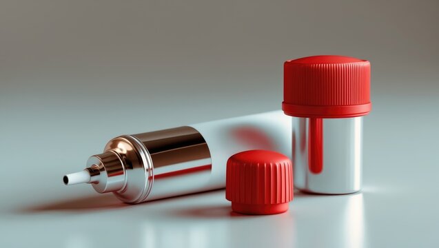 A metallic tube with red caps lying on a smooth surface. The image depicts medical or pharmaceutical containers. - Powered by Adobe