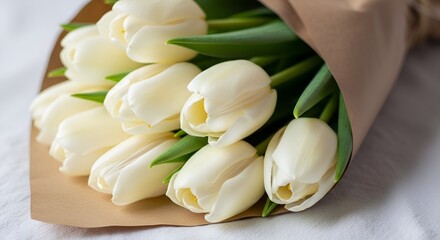 Exquisite Bouquet of Fresh White Tulips Wrapped in Brown Paper, Ideal for Sympathy, Purity, or Elegant Celebrations