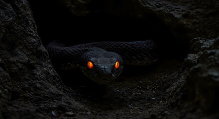 Intensely glowing orange eyes of a black snake pierce the dark shadows, creating an eerie and captivating presence as it emerges from its hidden rocky lair.
