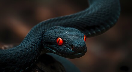 Fototapeta premium Intense Black Snake with Piercing Red Eyes A Striking Wildlife Portrait