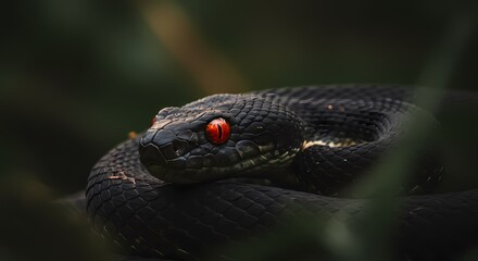 Fototapeta premium Close-up of a black viper with piercing red eyes coiled in lush green foliage, hinting at danger and the wild