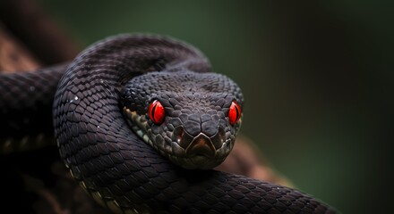 Fototapeta premium Close-Up of a Black Snake with Red Eyes in the Rainforest