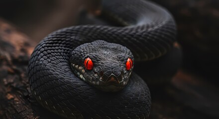 Fototapeta premium Black Snake with Glowing Red Eyes A Close-Up Encounter