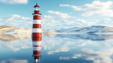 Tranquil winter scene with a lighthouse reflecting on still water.