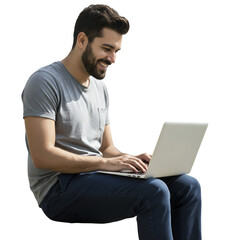 Photo of Smiling Man Working on Laptop Outdoors