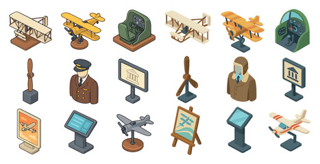 Aviation history isometric icons set – aircraft, pilot, aviation themes