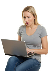 Naklejka premium Photo of Surprised Woman with Laptop on Transparent Background