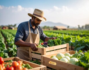 Farmer Sorting Freshly Harvested Vegetables in Wooden Crates — Vibrant Colors