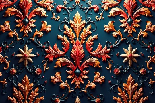 Classic damask, radiating palmette design, rich detail, illustration, artwork