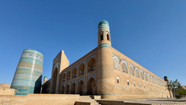 The famous and colorful Kalta Minor Minaret standing in the inner city of Khiva, Uzbekistan