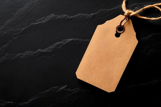 A simple rustic looking torn kraft paper tag with rough unfinished edges held together by a knotted weathered string or twine against a dark moody background