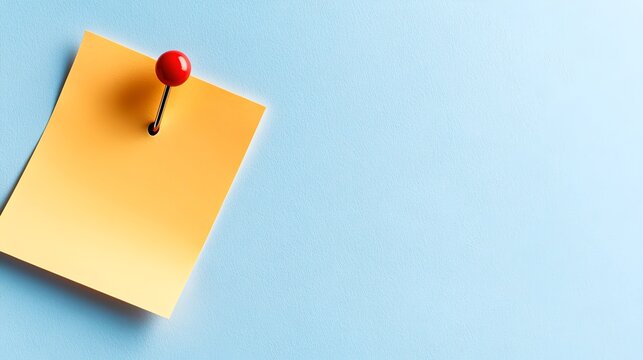 A vibrant orange sticky note with a bold red push pin placed at the center against a plain blue background providing a clean and minimalist composition