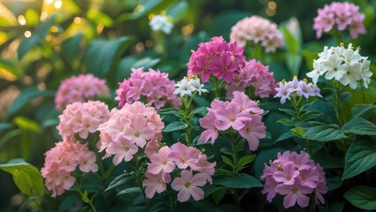 Colorful hydrangeas in shades of pink, white, and purple blooming in a garden setting.
