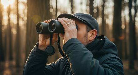 Forest Exploration Scene with Binoculars and Sunlit Trees