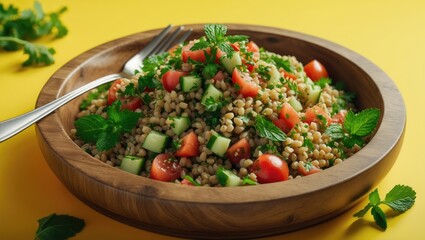 Fresh millet salad with tomatoes, cucumbers, and herbs served in a wooden bowl. Healthy vegetarian dish. Fruit and vegetable salad for a nutritious meal.