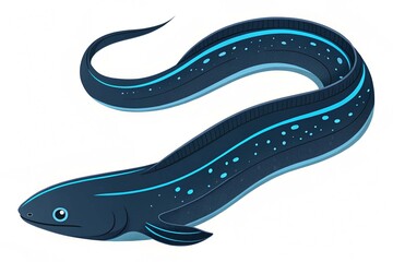 Obraz premium Flat illustration of an electric eel with dark body electric blue accents curving shape minimalistic design clean background on white background