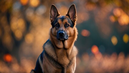 A German Shepherd dog in an outdoor setting with warm, blurred background.
