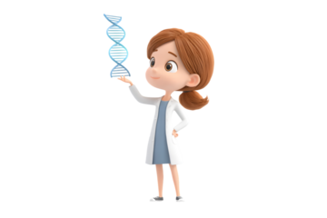 Medical researcher child analyzing glowing DNA model, 3d animation, isolated on a white background, in a simple style, with a transparent PNG