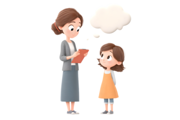 Girl therapist child with gentle voice bubble and journal, 3d animation, isolated on a white background, in a simple style, with a transparent PNG