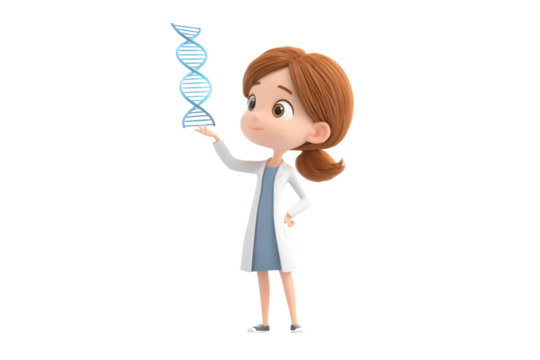 Medical researcher child analyzing glowing DNA model, 3d animation, isolated on a white background, in a simple style, with a transparent PNG 