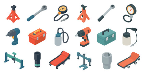 Obraz premium Automotive tools isometric icons set – garage, repair, mechanic essentials