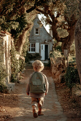 Enfant marchant avec un sac à dos dans un chemin de village fleuri, rentrée scolaire, septembre, école primaire, 1er jour