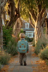 Enfant marchant avec un sac à dos dans un chemin de village fleuri, rentrée scolaire, septembre, école primaire, 1er jour