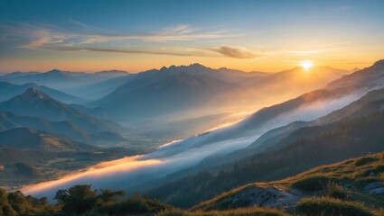Obraz premium Sunrise over mountain range with mist and lush greenery. Nature landscape, scenic view, and peaceful atmosphere.