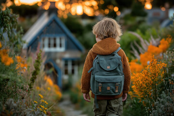 Enfant marchant avec un sac à dos dans un chemin de village fleuri, rentrée scolaire, septembre, école primaire, 1er jour