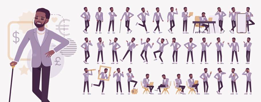 Stylish dark skin man wearing light purple blazer character set, african american businessman in business, entertaining, presentation or performance poses, elegant wear bundle, Vector illustration